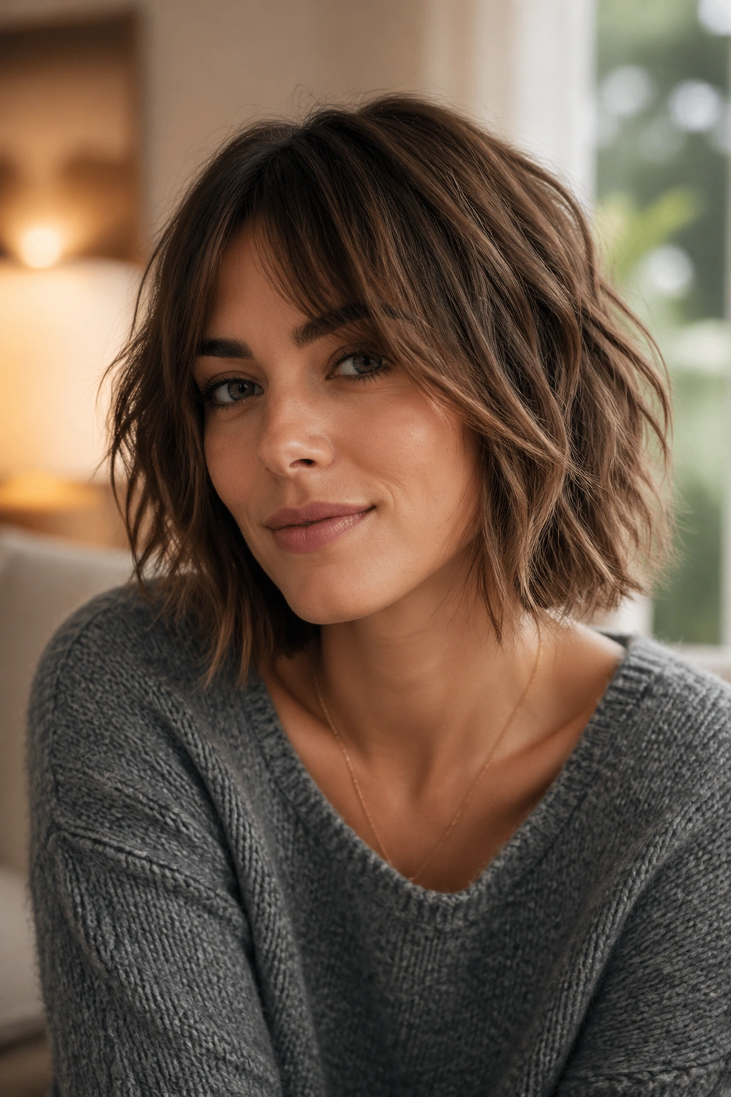 Real woman with a shaggy bob and broken-up ends.