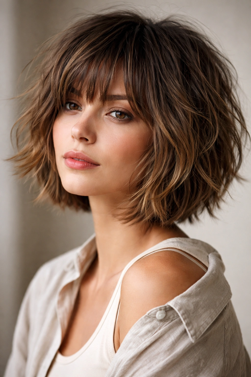 Shaggy bob with choppy bangs and textured crown