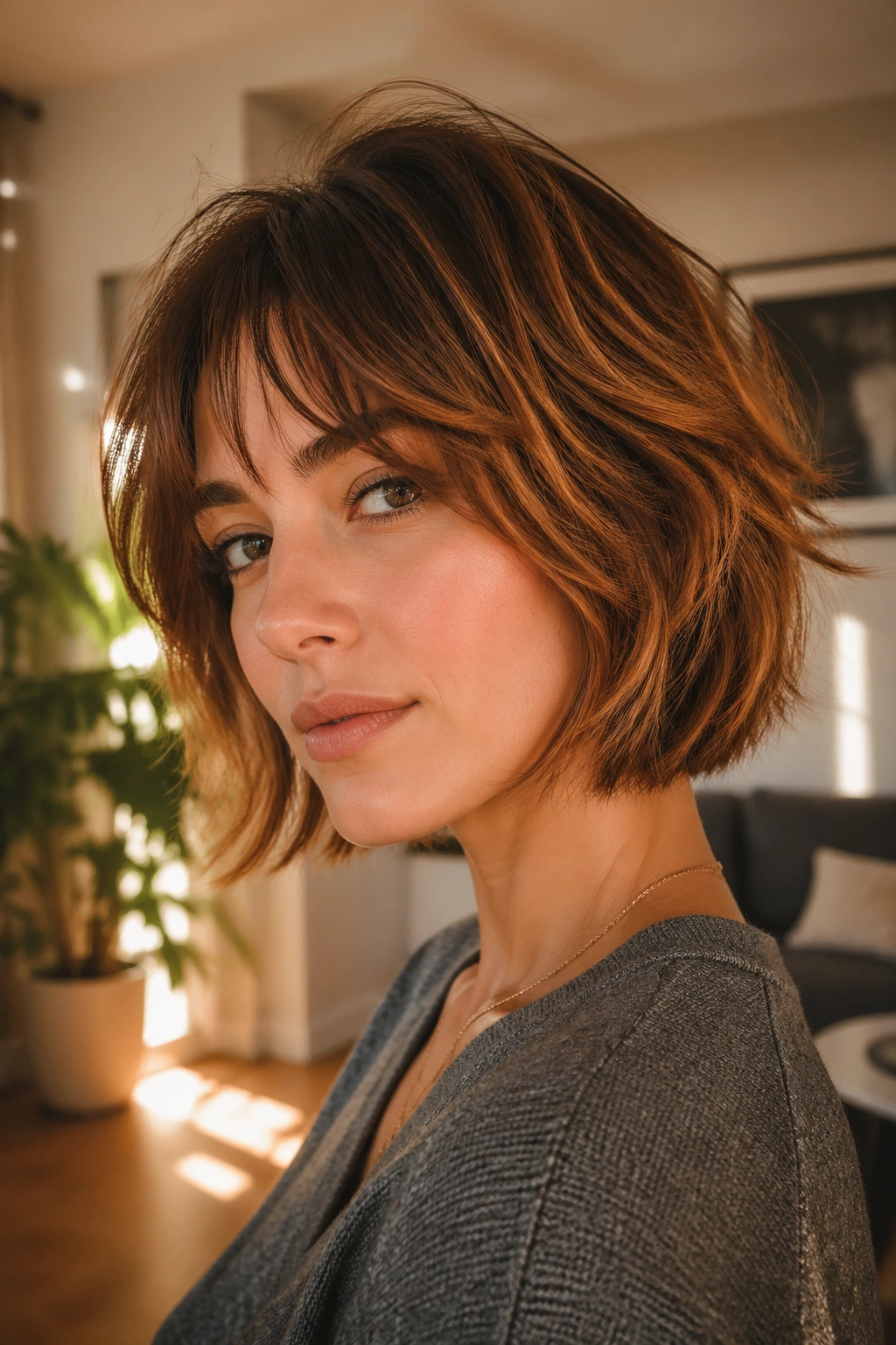 Close-up of a real woman with a shaggy bob and copper highlights