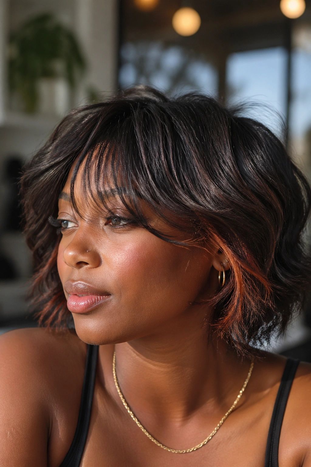 Close-up of shaggy bob with sunlit copper peekaboo on a real person