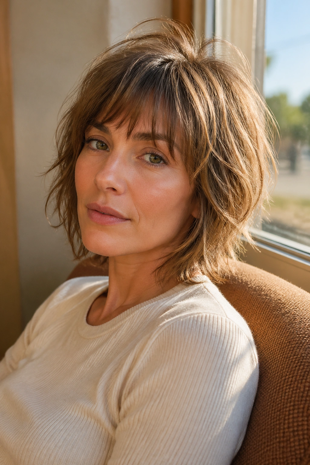 Close-up portrait of a real woman with a shaggy bob and crown layers, warm window light.