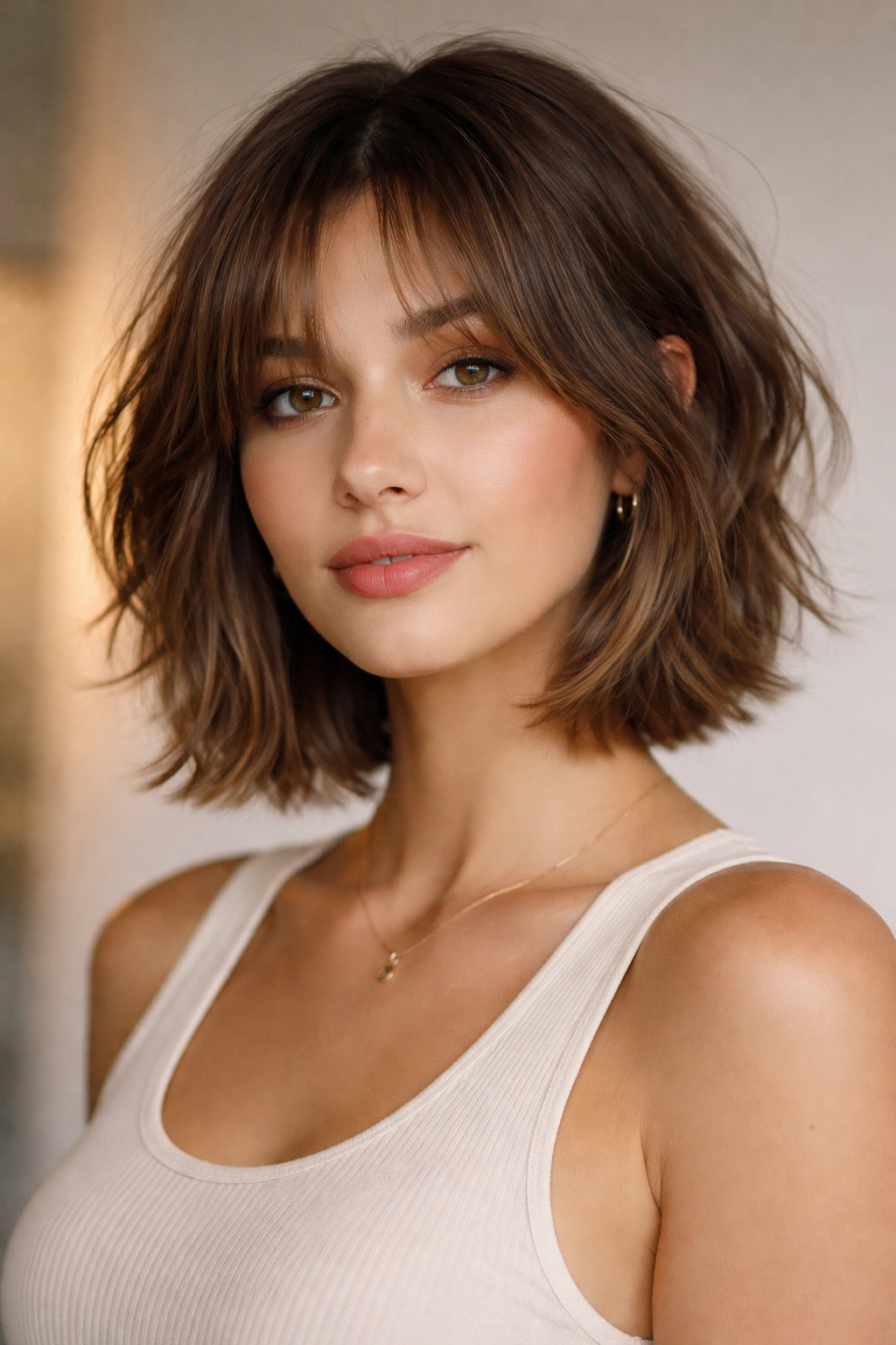 Shaggy bob with curtain bangs on a model, middle-part fringe blending into layers