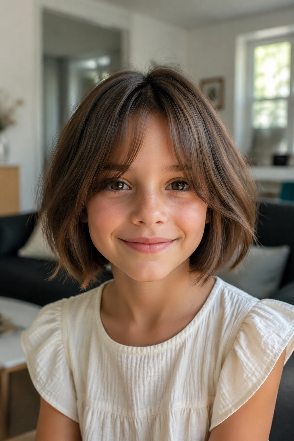Front portrait of a child with a shaggy bob and curtain fringe in natural daylight