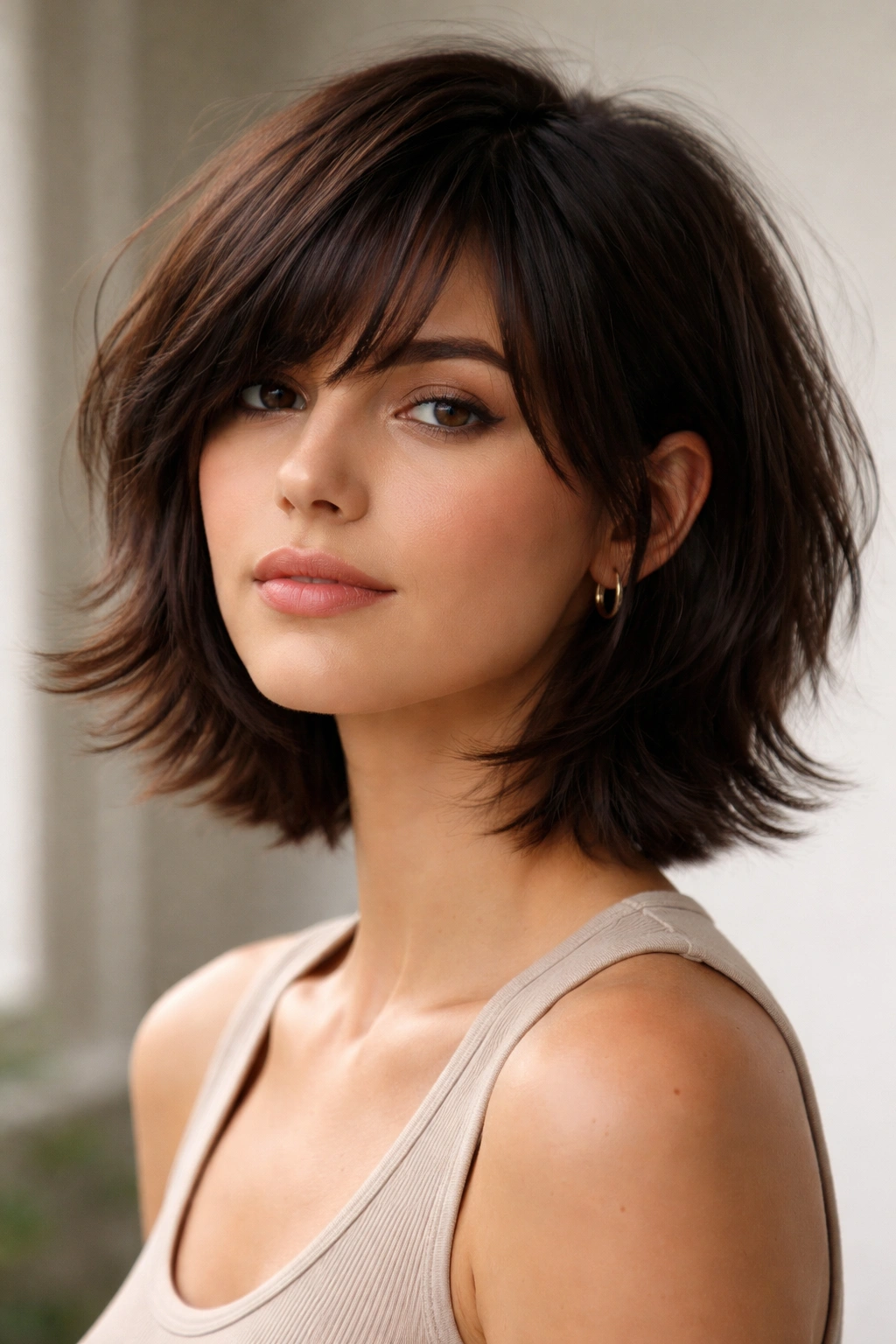 Shaggy brunette bob with feathered ends showing airy movement