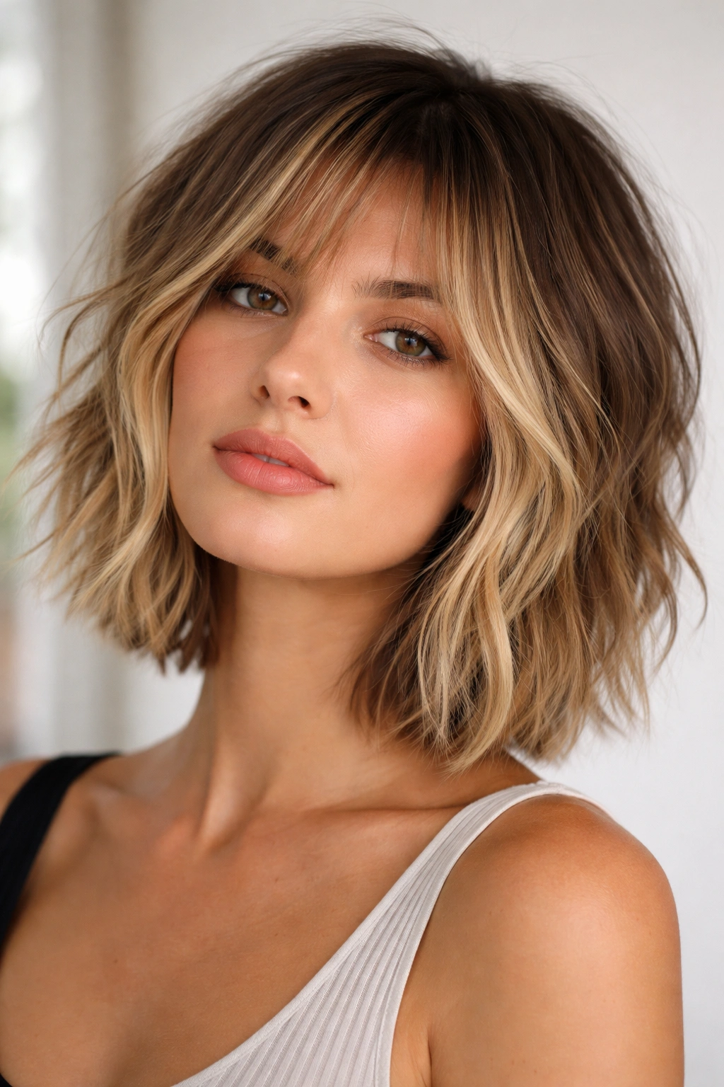 Shaggy bob with rooty blonde highlights and textured ends