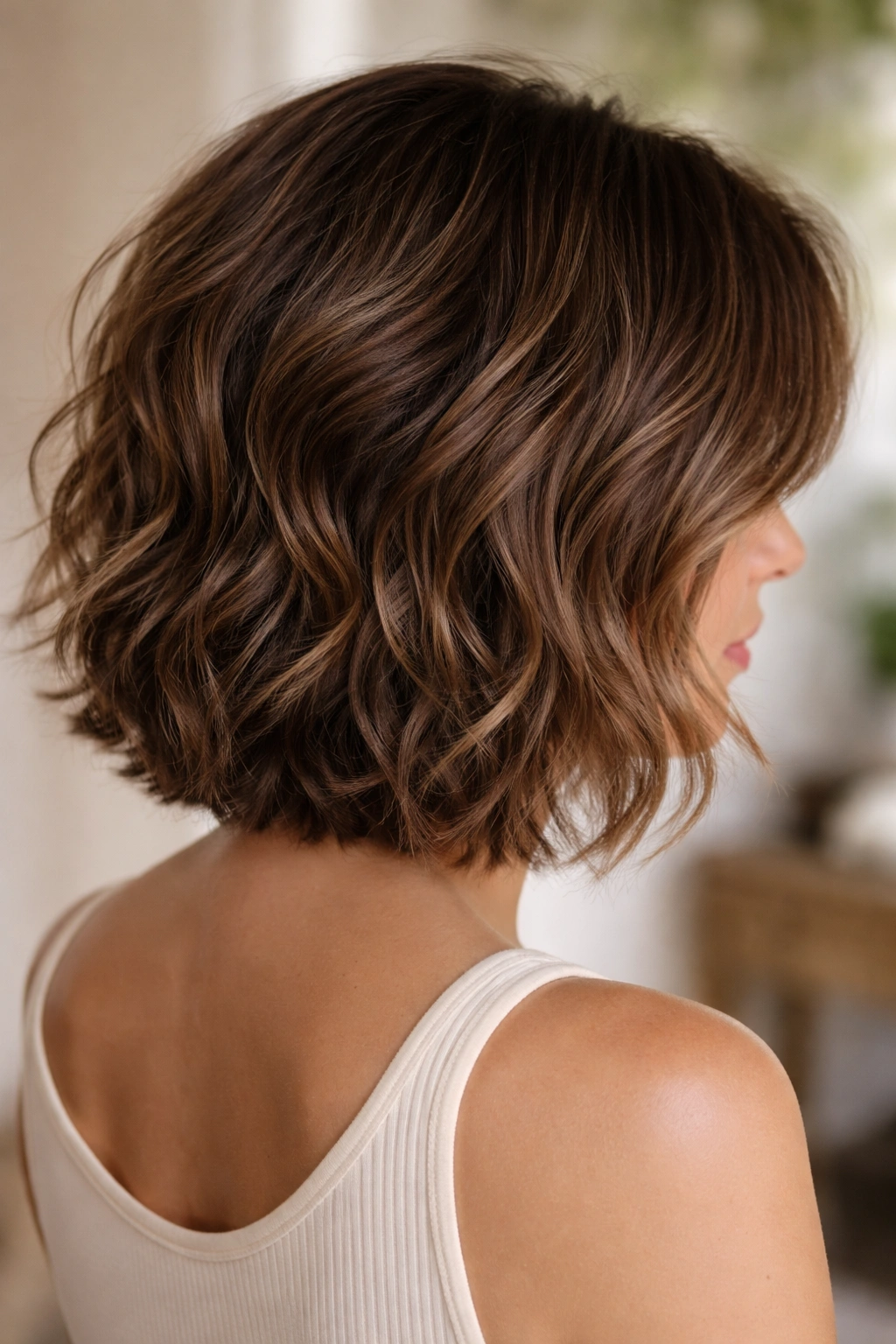Side view of a wavy shaggy bob with invisible internal layers