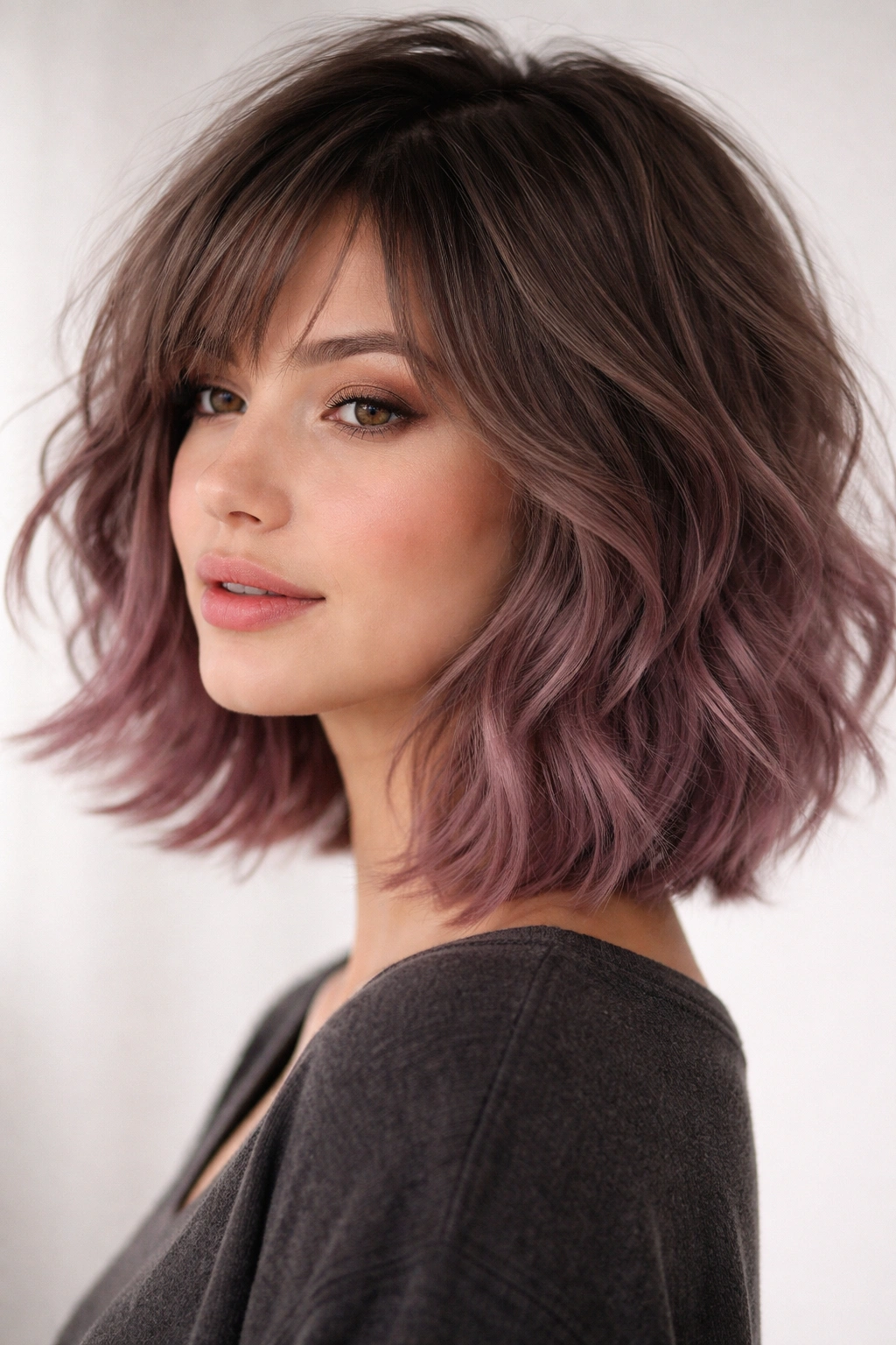 Shaggy bob with mauve ends showing layered texture and blended color