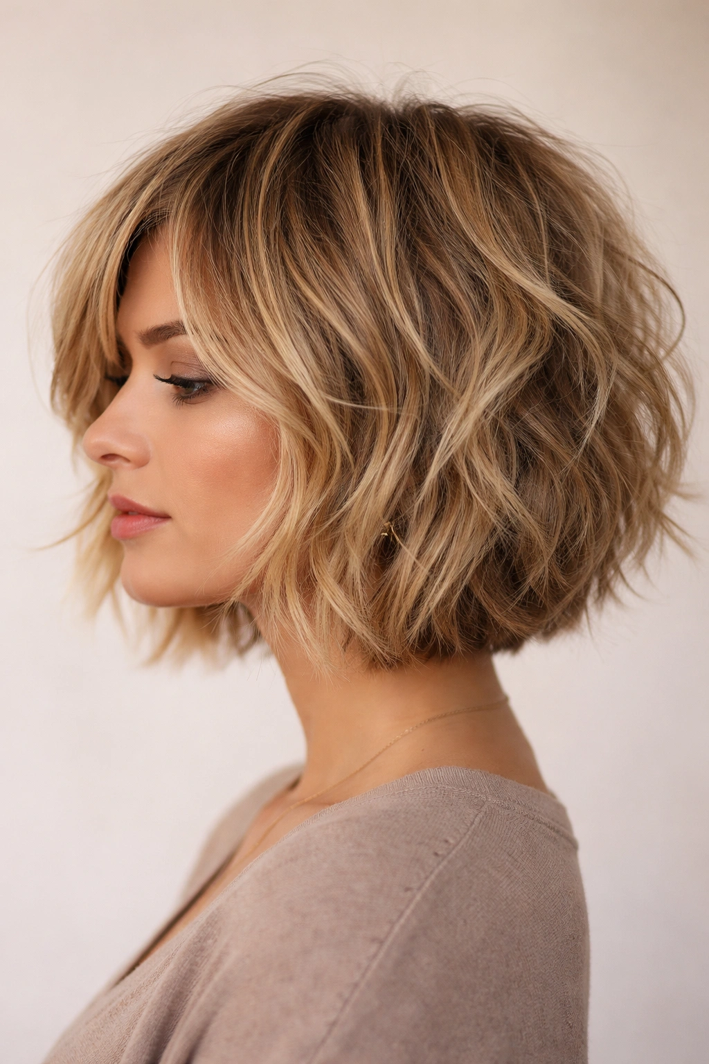 Shaggy bob with piecey texture and airy silhouette