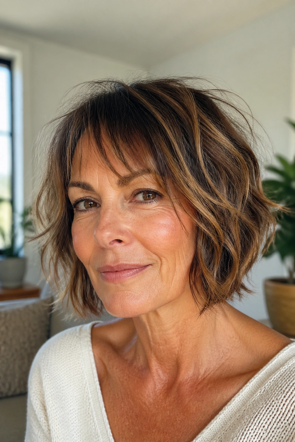 Close-up portrait of a real woman with a shaggy bob showing piecey texture in bright living room light