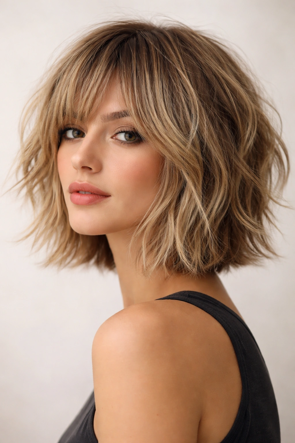 Shaggy choppy bob with internal layers and textured ends