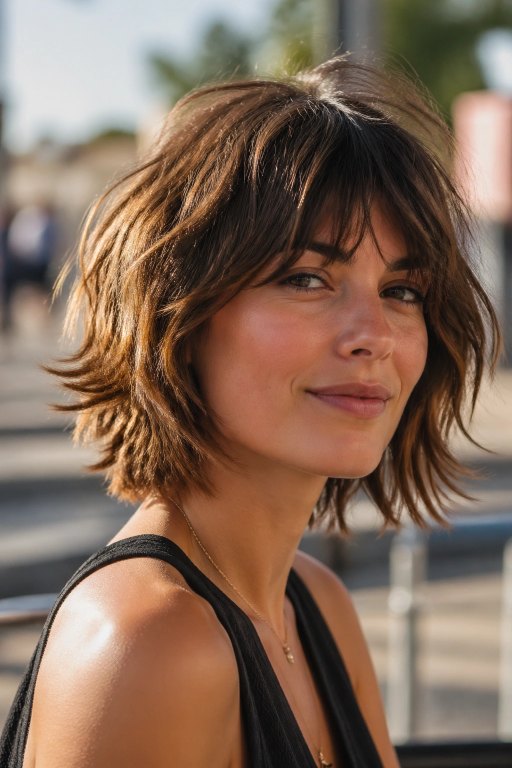 Close-up portrait of a real person with a shaggy bob and textured layers