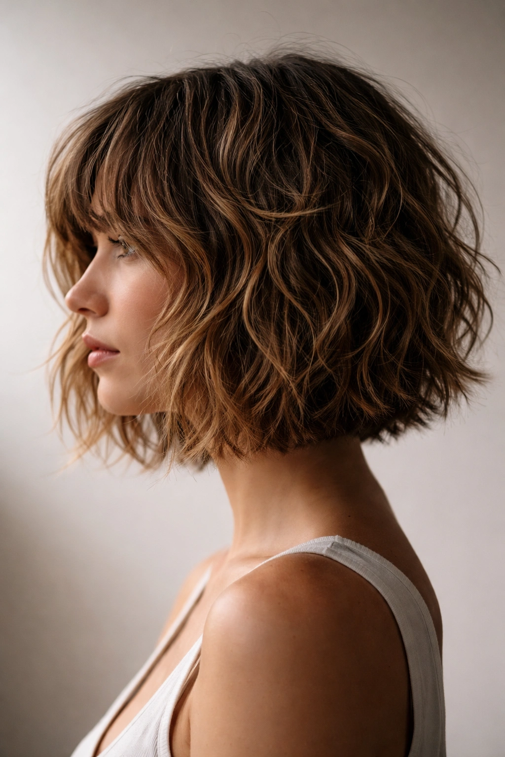 Shaggy bob with broken ends on dense wavy hair