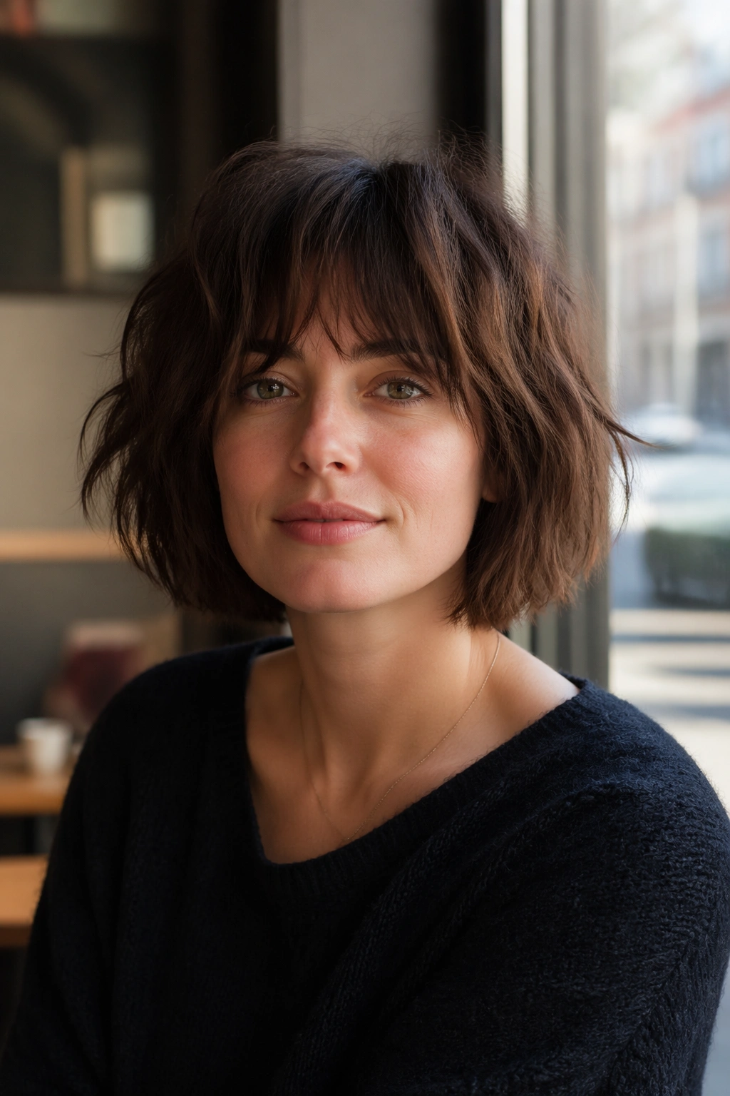 Close-up of a real woman's shaggy bob with textured, tousled ends
