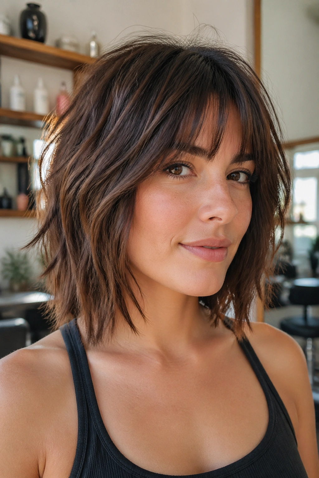 Close-up of a real woman with a shaggy shoulder-length bob and choppy ends