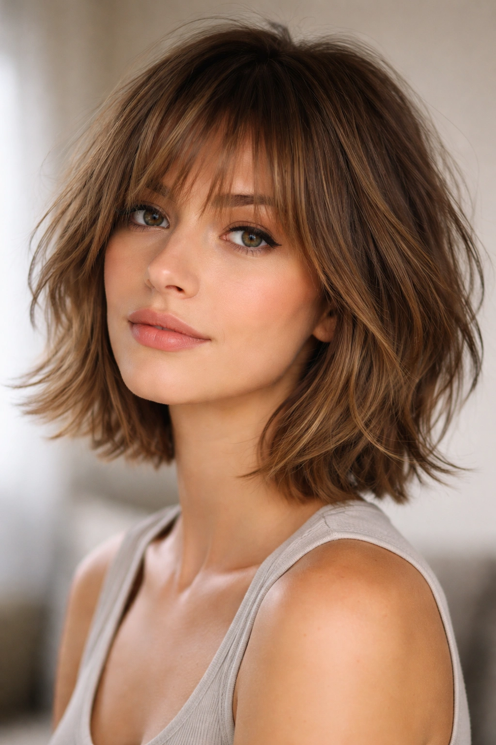 Shaggy bob with wispy bangs and textured layers, studio lighting