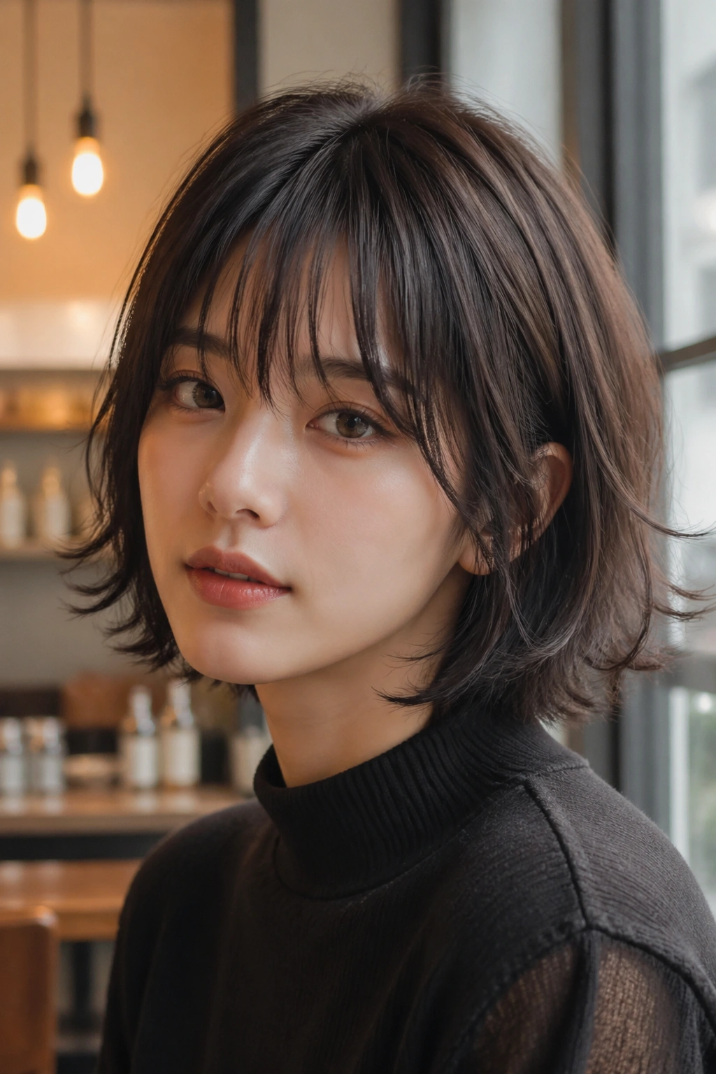 Close-up portrait of a real woman with a shaggy Korean bob and wispy bangs in warm cafe light