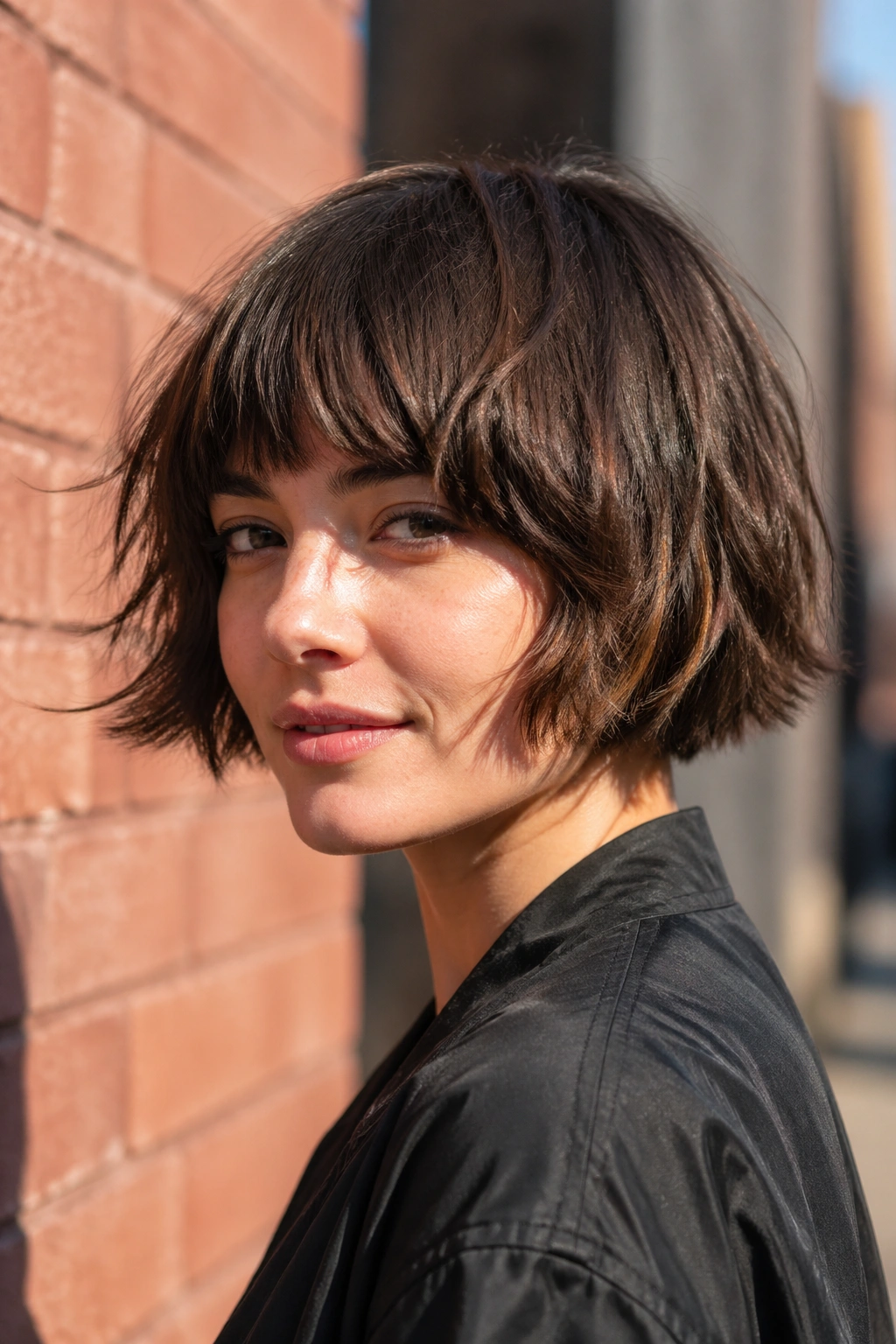 Portrait of a real person with a shaggy bowl bob and choppy ends