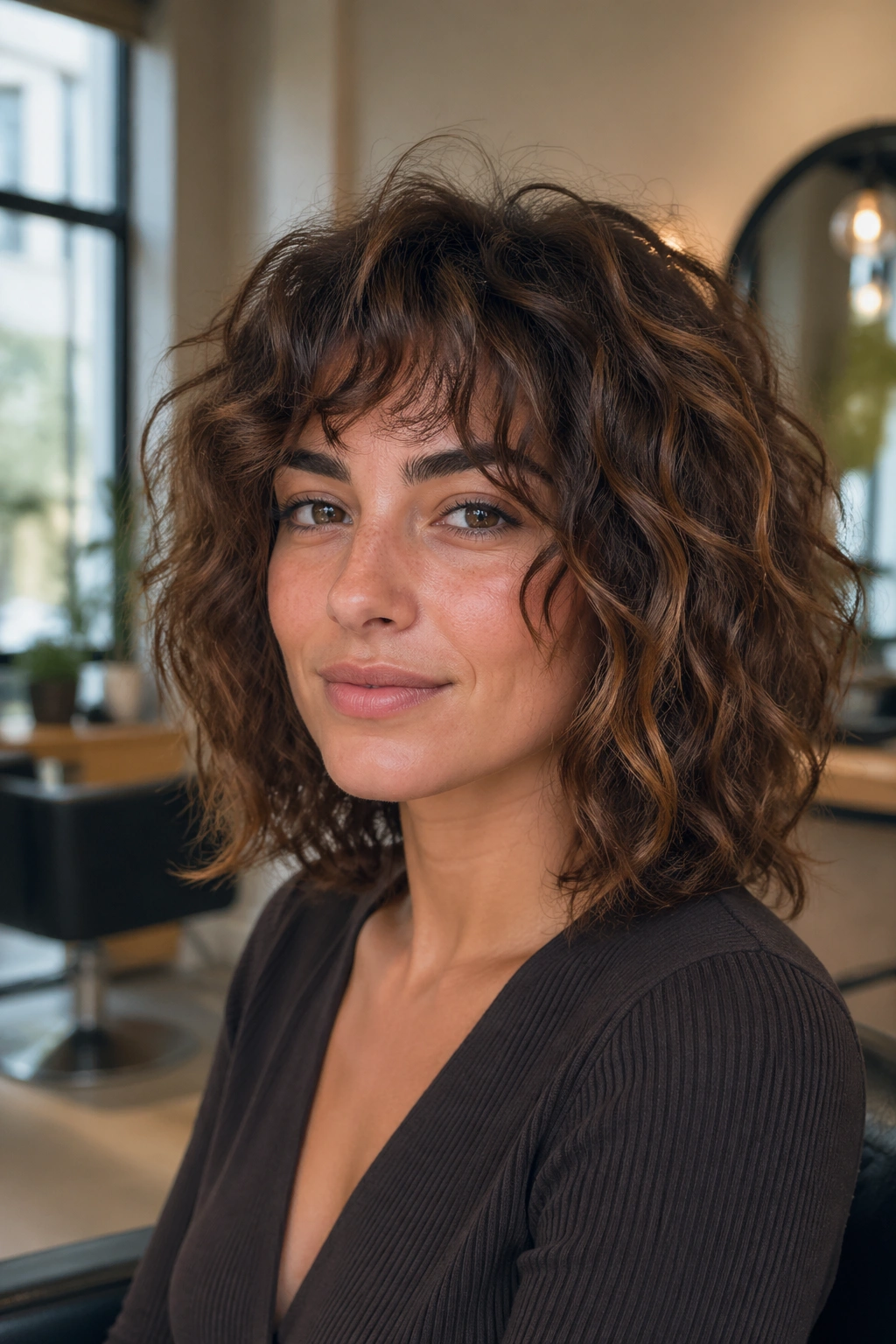 Portrait of a real woman with shaggy long curly bob and choppy layers in a salon setting.