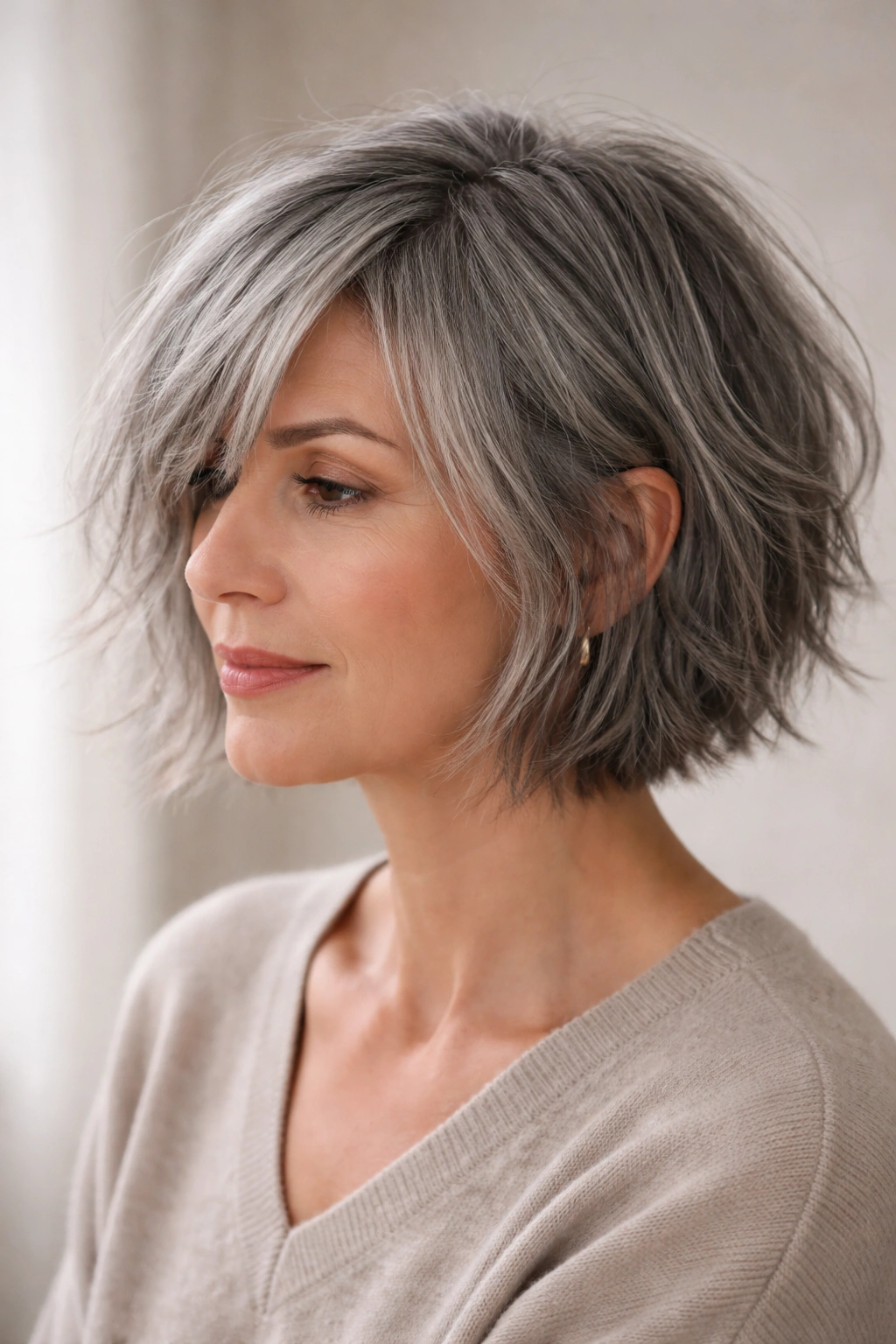 Close-up of a person with a shaggy grey bob and choppy ends showing textured layers