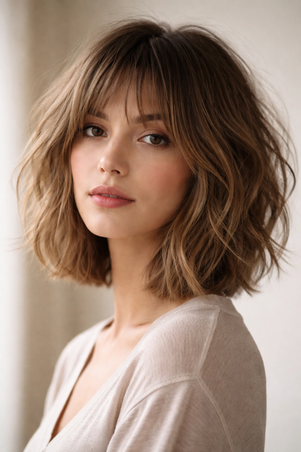 Shaggy hush cut bob with wispy bangs and undone texture