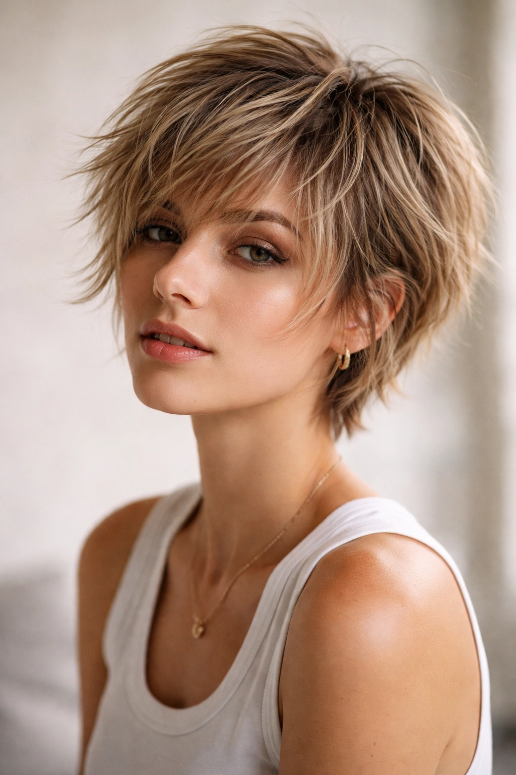 Shaggy pixie bob with airy texture and broken layers.