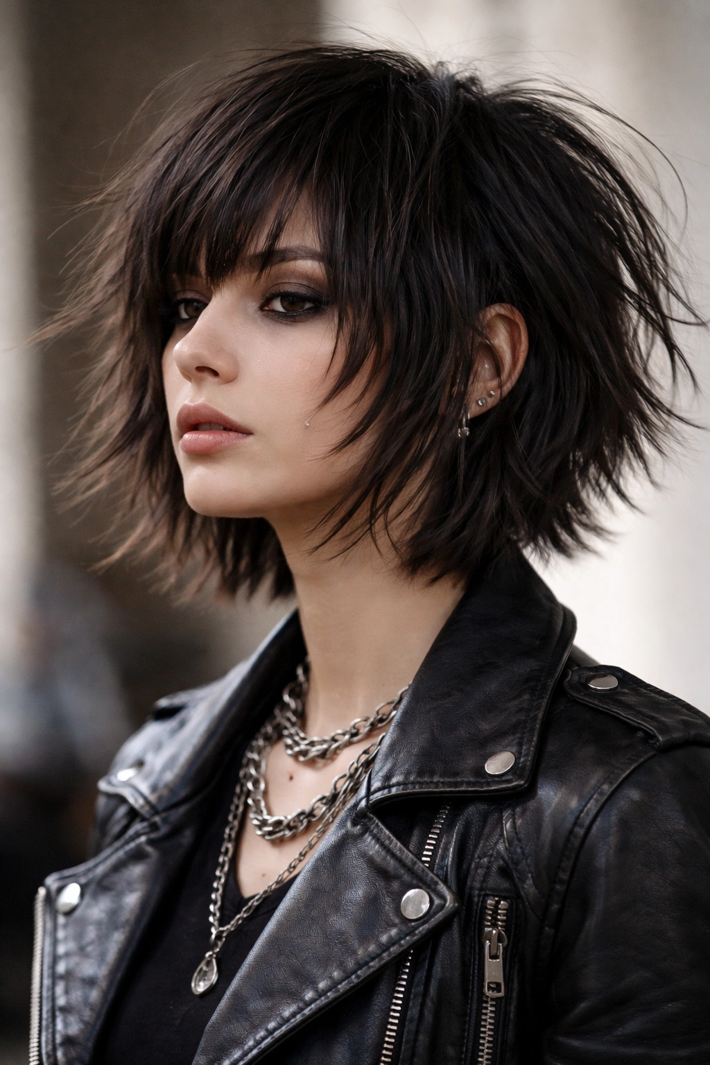 Shaggy punk bob with feathered layers and natural wave