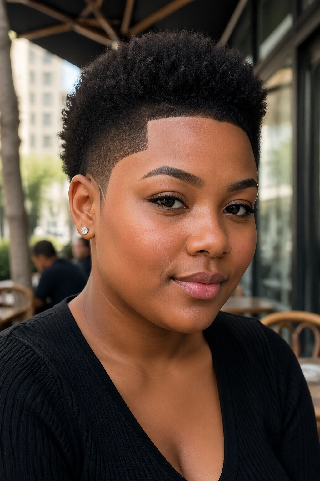 Close-up portrait of a real person with shape-up Afro and crisp edges
