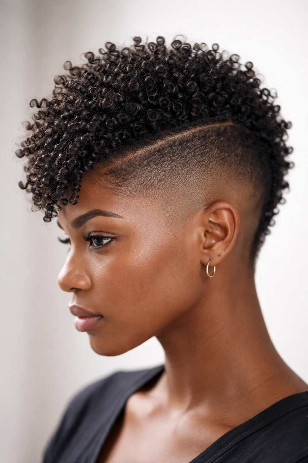Shaped Mohawk Fade with central curl strip and faded sides on Type 4A curls