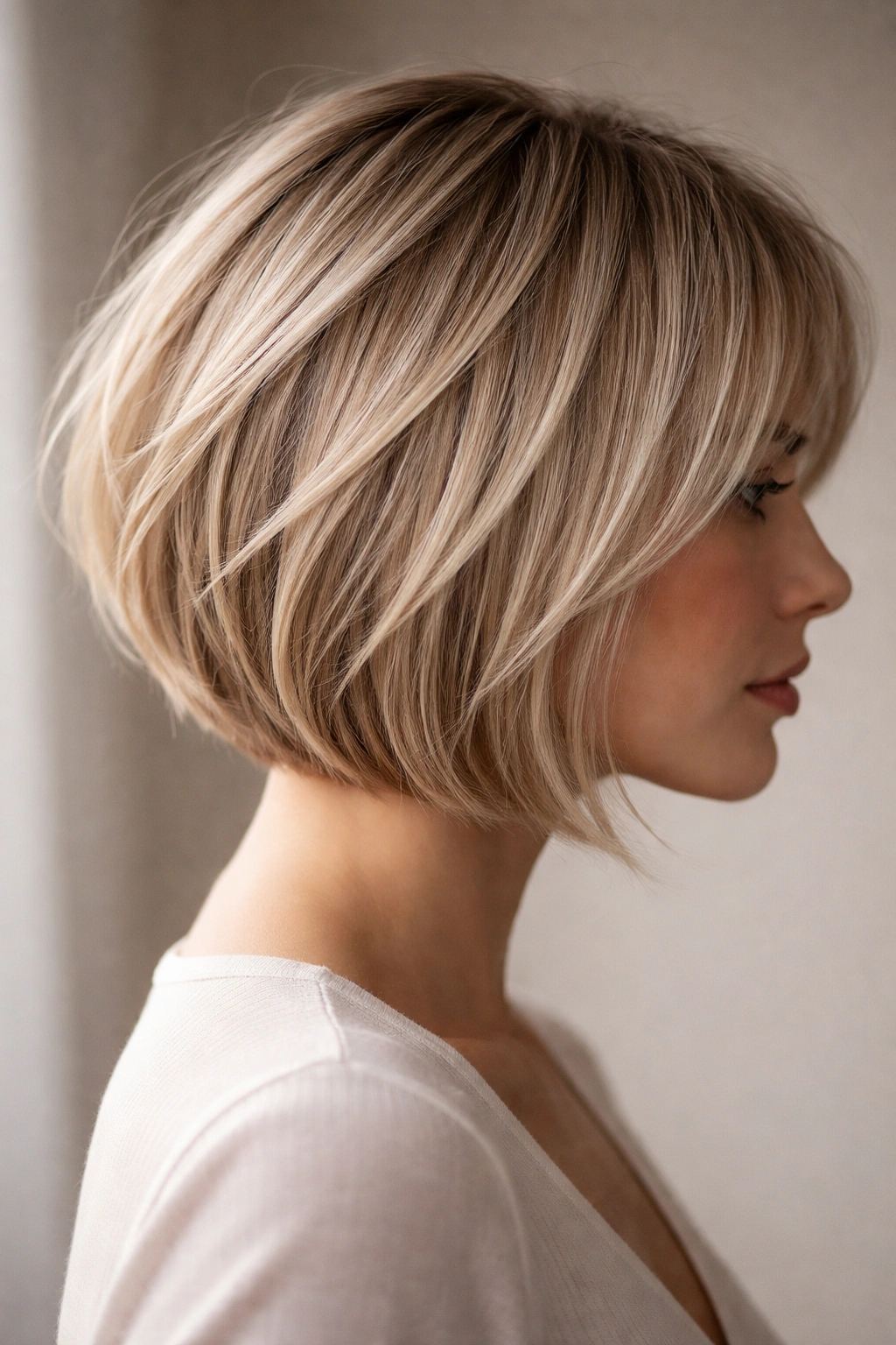 Profile view of a shattered bob with invisible internal layers and dense ends.
