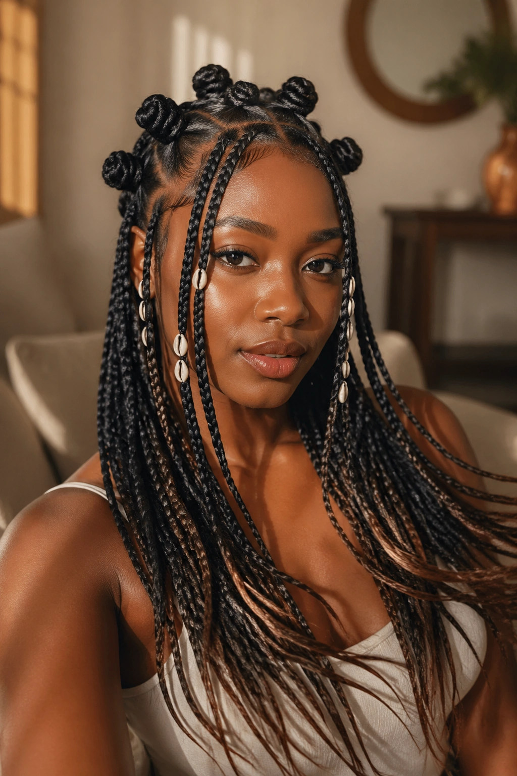 Close-up of a real woman with shell accents and long hanging ends in Fulani braids