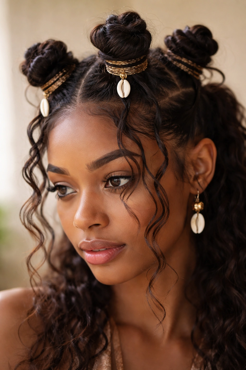 Front bantu knots with shells and thread wraps on the base