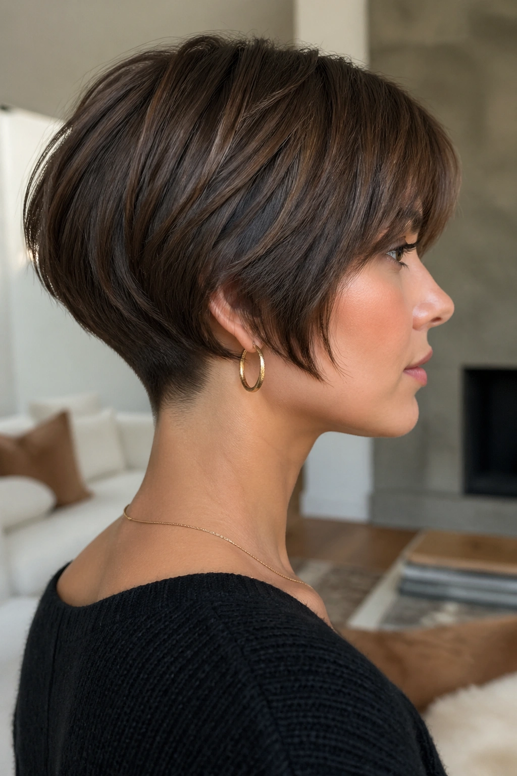 Profile close-up of a woman with a shingle bob and tapered nape.