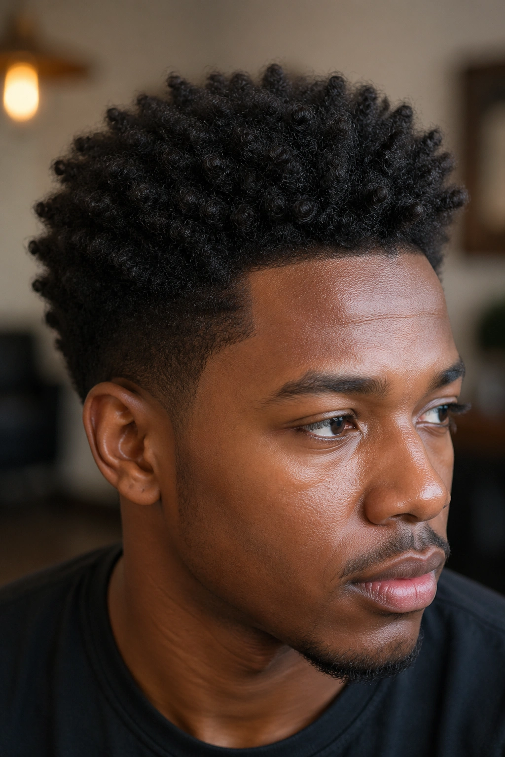 Real person with curl sponge texture on short afro hair under warm indoor light