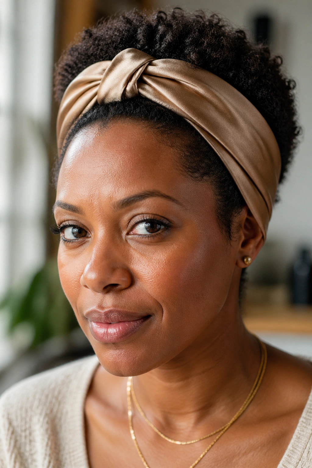 Real person with headband tucked hair on short afro, natural light