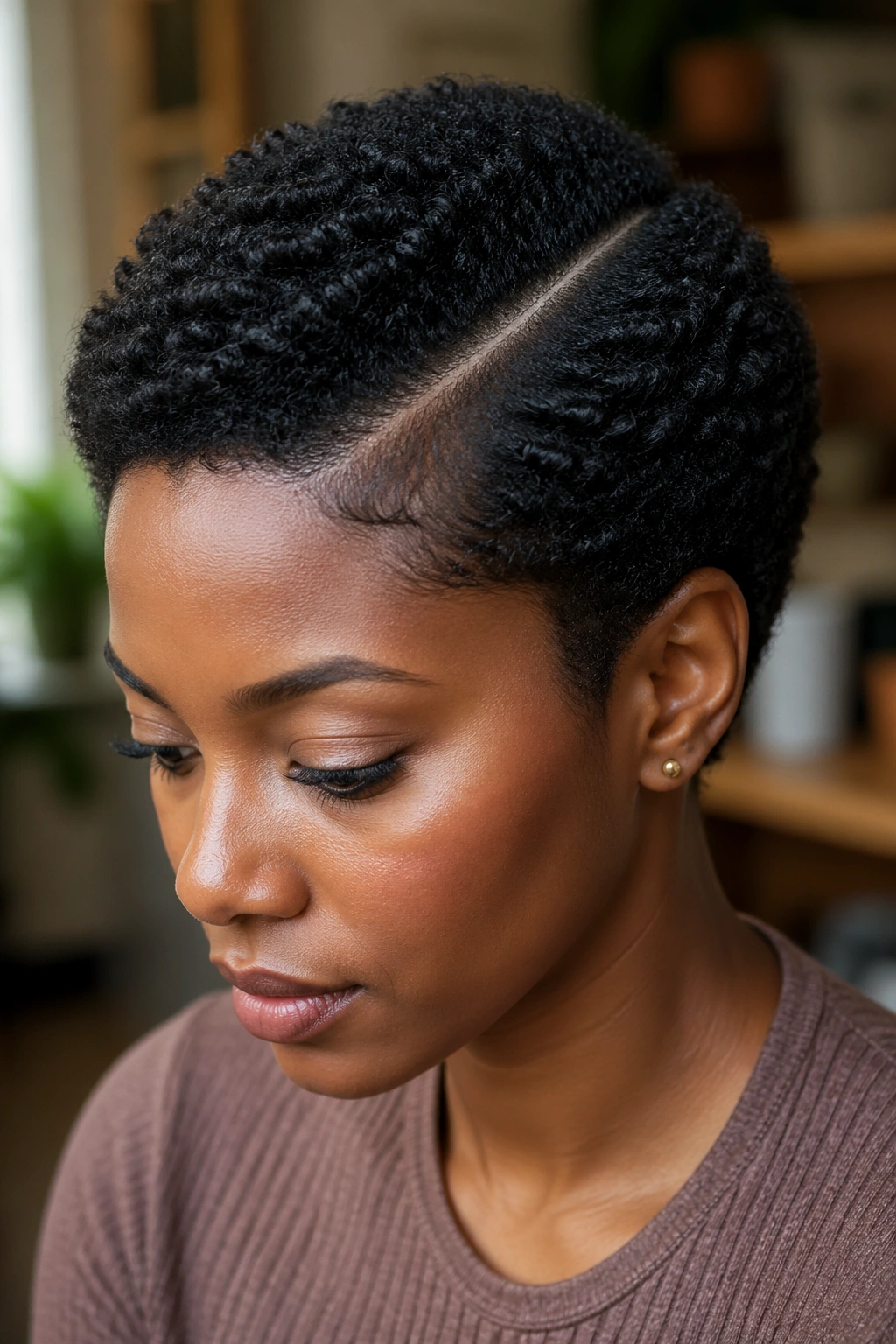 Close-up of a real person with a clean diagonal side part in short Afro hair under natural light