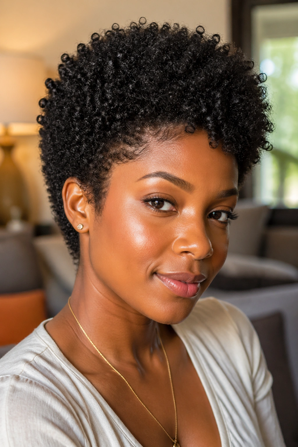Close-up of a real Black woman wearing a Short Kinky Afro Wig With Tapered Ends