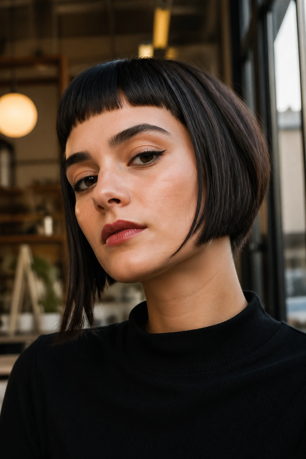 Close-up of a real person with a short French-inspired asymmetrical bob and baby fringe.