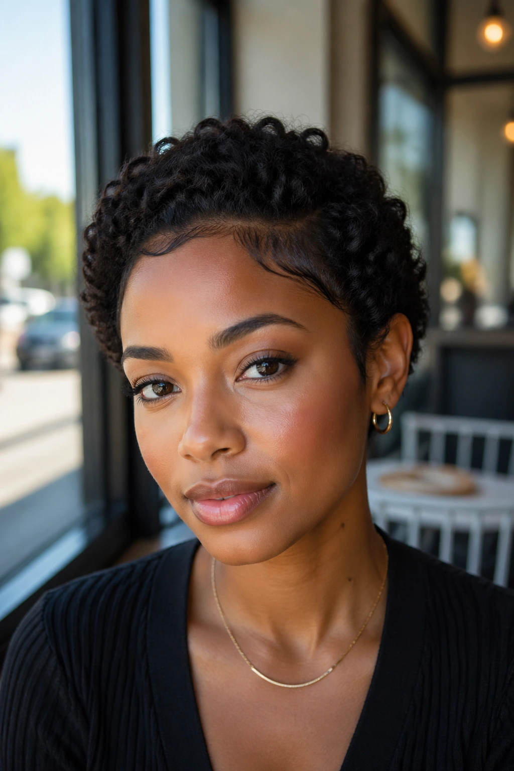Close-up of a real woman with short curly hair showing a precise shape-up