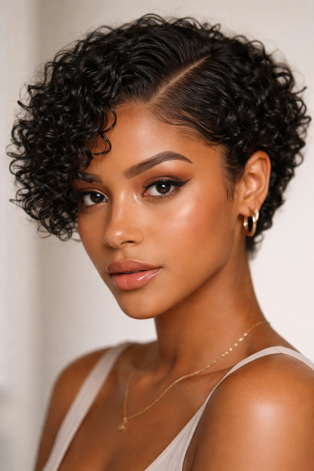 Close-up of short curly hair with a defined side-part.