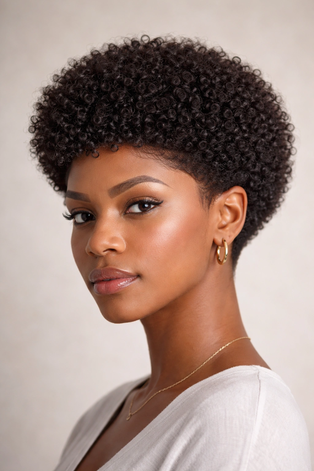 Short curly Afro with a clean shape-up along hairline