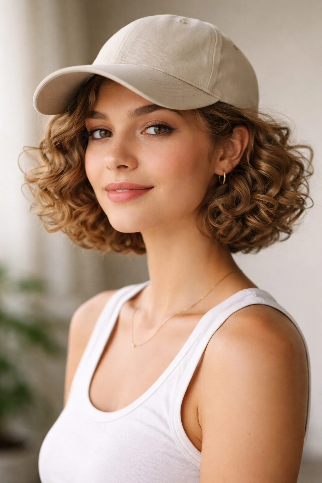 Close-up of a short curly bob with a high-cap position showing lifted crown