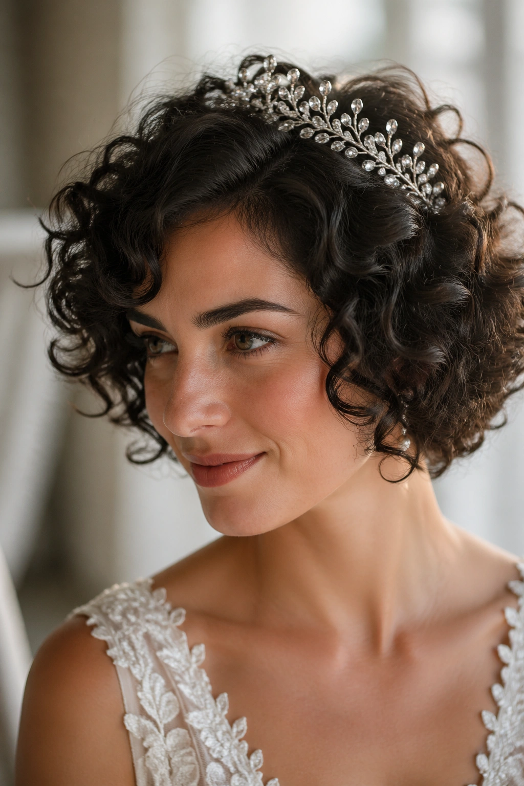 Close-up of real bride with chin-length curly bob and tiara comb off-center, soft window light in a bridal dressing room.