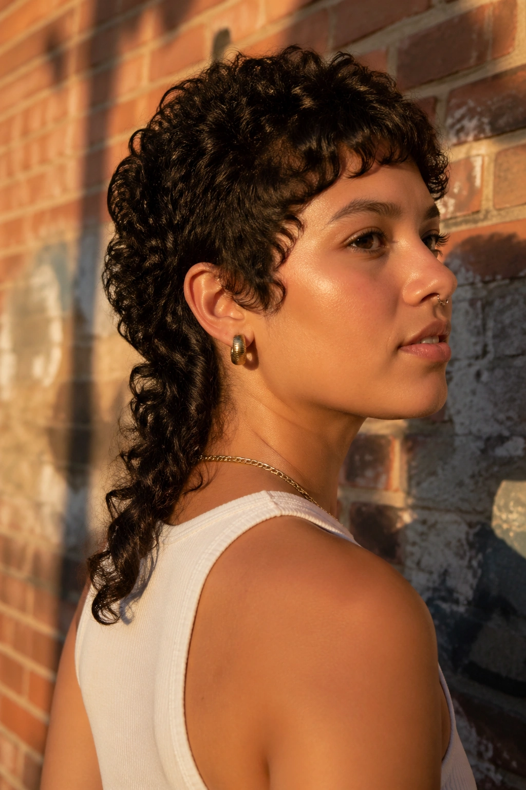 Three-quarter portrait of a real person with short curly mullet