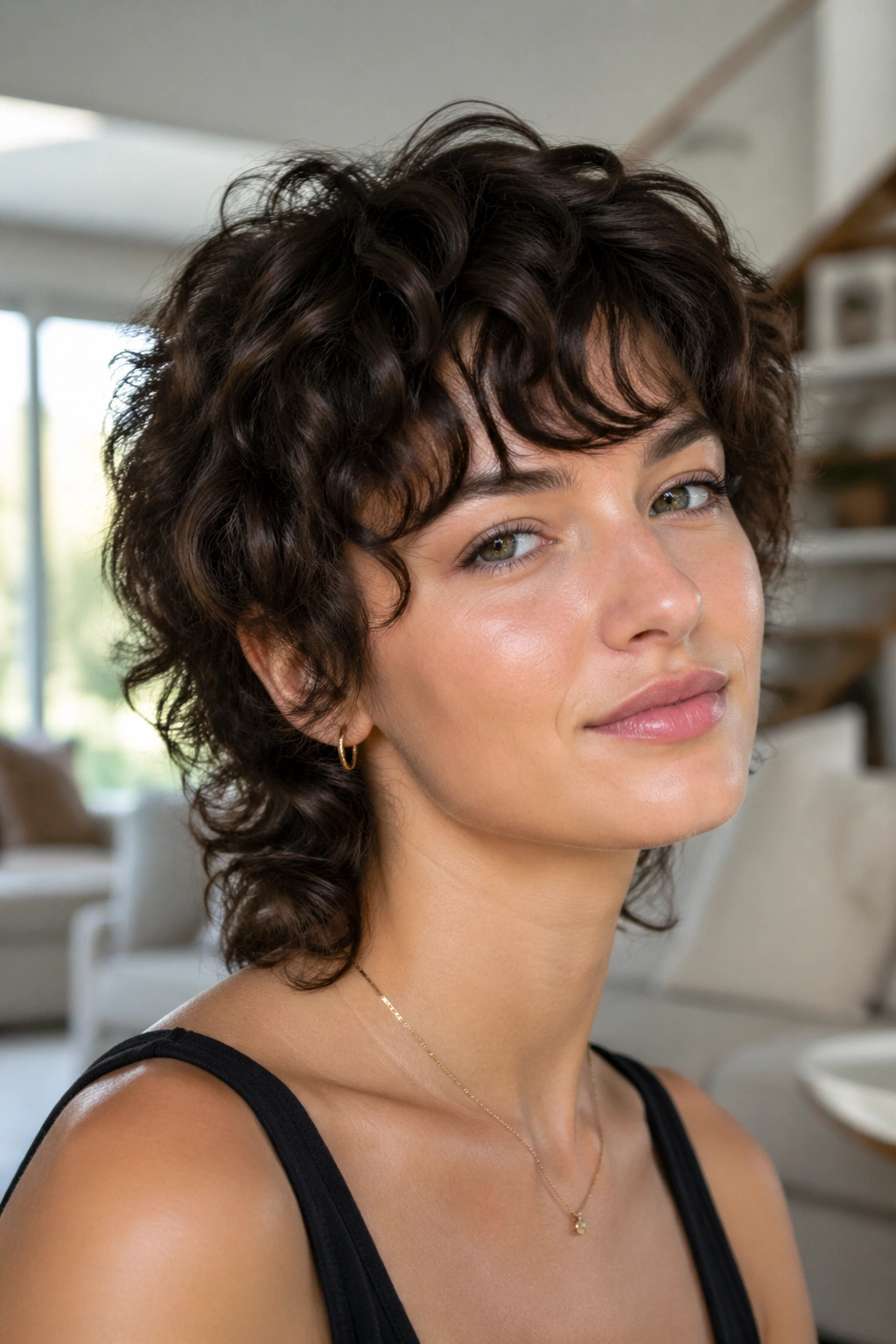 Close-up portrait of a real person with a short curly mullet and feathered bangs in a bright interior