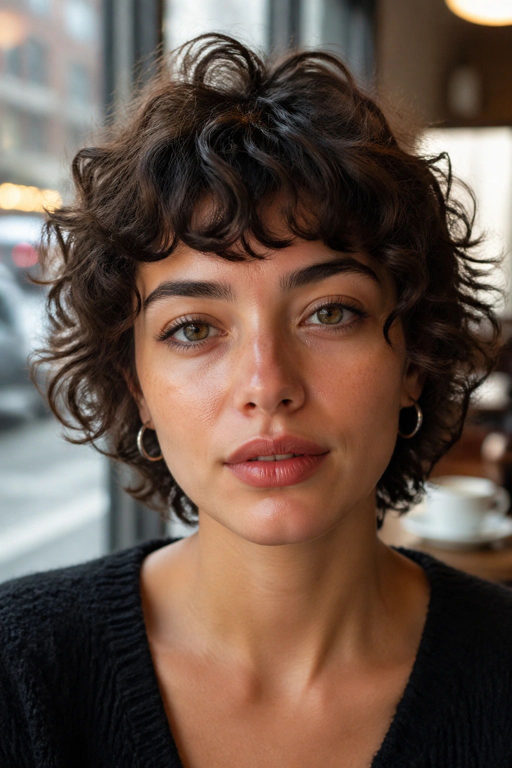 Real person with short curly shag and micro bangs, front portrait
