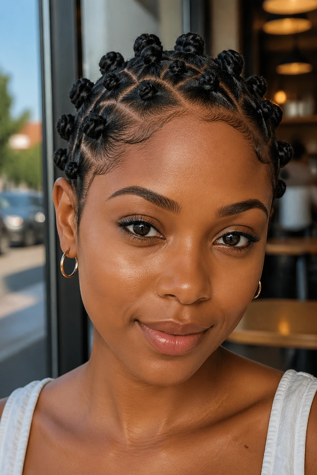 Close-up of a real person with short natural hair in mini flower knots.