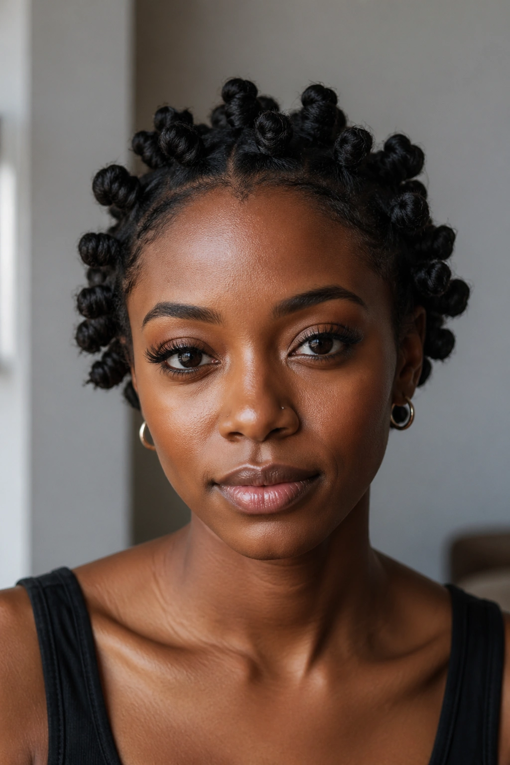 Close-up of a real person with a short-hair knot bob hairstyle