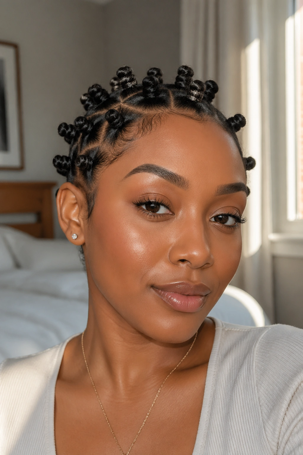 Close-up portrait of a real woman with short natural bantu knots in a bedroom