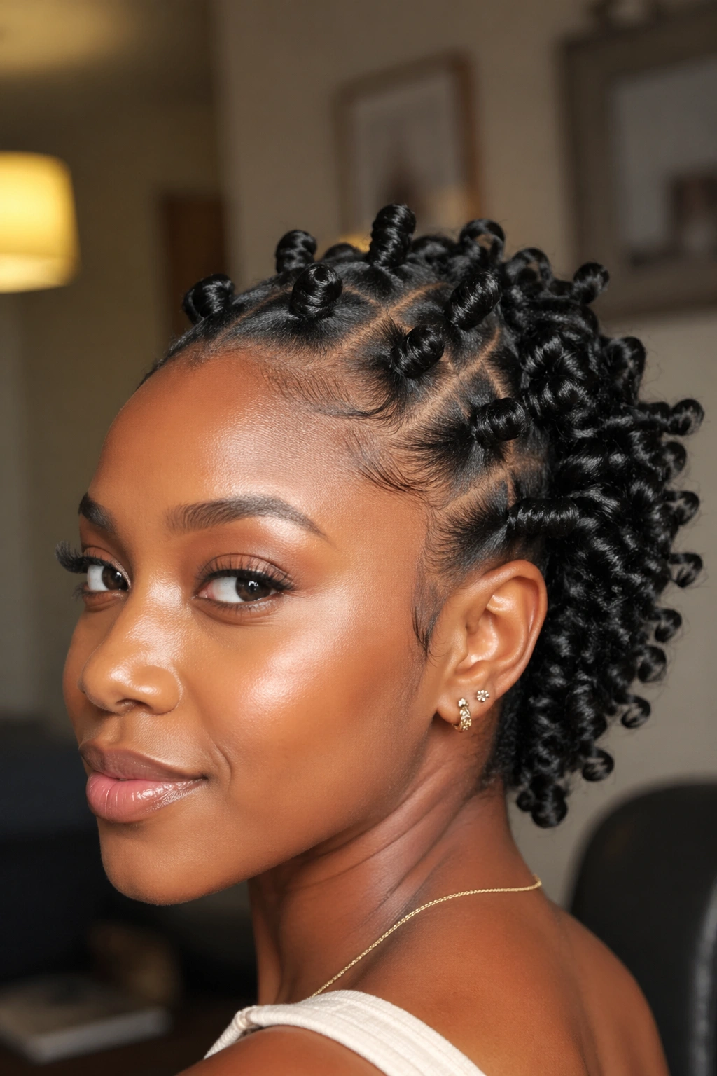 Real woman with short natural hair Bantu knots and finger curls.