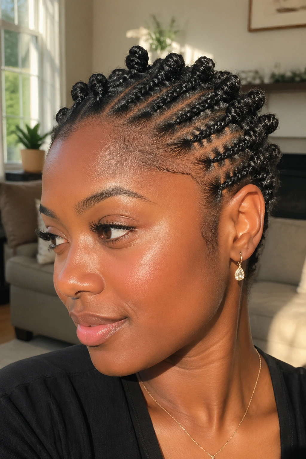 Close-up of a real person with short natural hair, tiny braids and close knots.